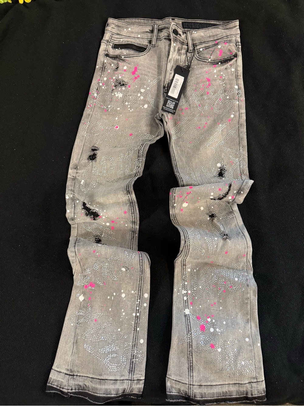 Men's Gray Distressed Wide-Leg Stacked Jean with Pink & White Paint Splatter